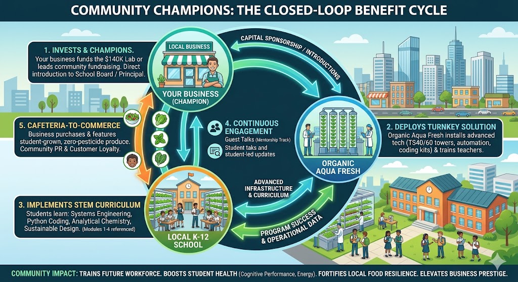 Infographic showing the closed-loop benefit cycle between local businesses, Organic Aqua Fresh, and K-12 schools.